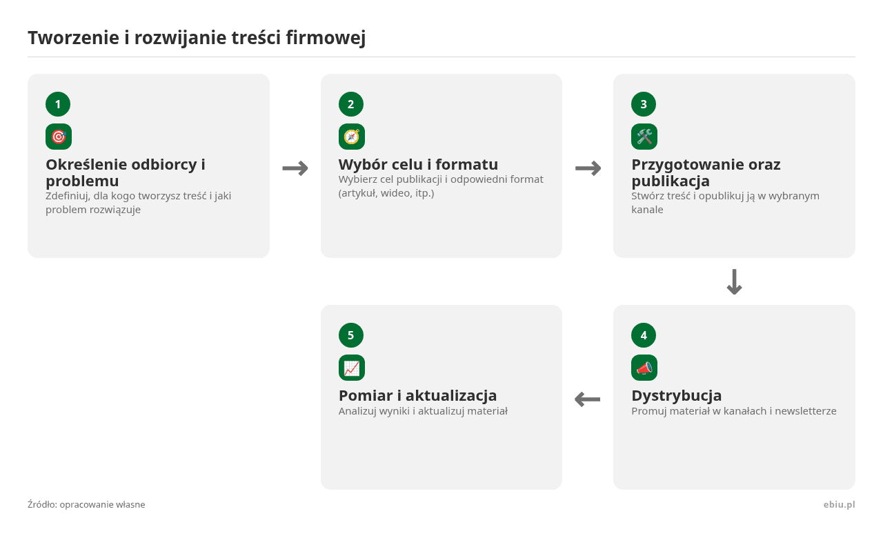 Kolejne kroki: Określenie odbiorcy i problemu, Wybór celu i formatu, Przygotowanie oraz publikacja, Dystrybucja, Pomiar i aktualizacja